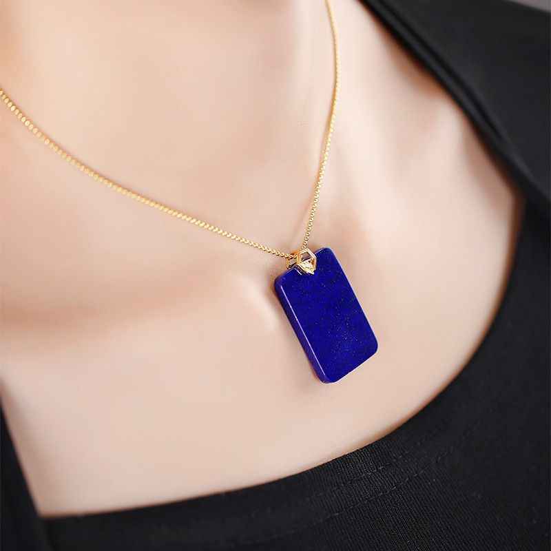 Rectangular Blue Lapis Lazuli Gemstone Sterling Silver 925 Pendant Necklace