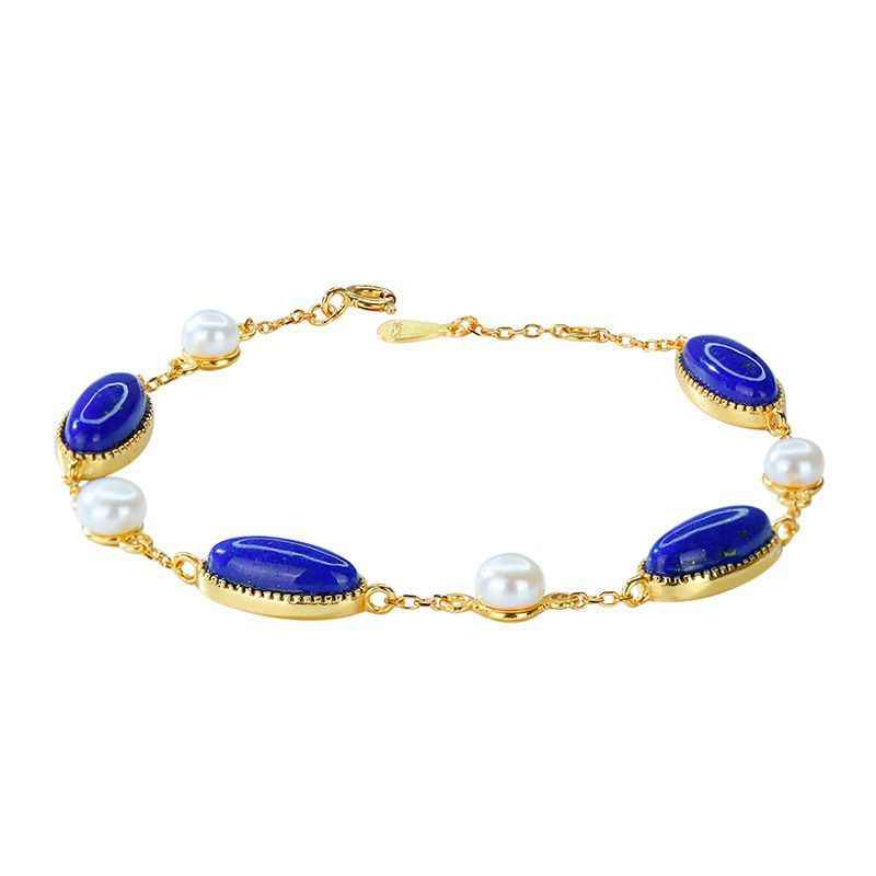 Lapis Lazuli and Freshwater Pearl Bracelet in 925 Sterling Silver