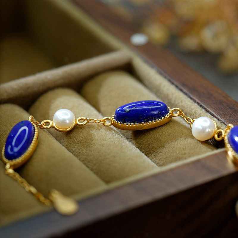 Lapis Lazuli and Freshwater Pearl Bracelet in 925 Sterling Silver