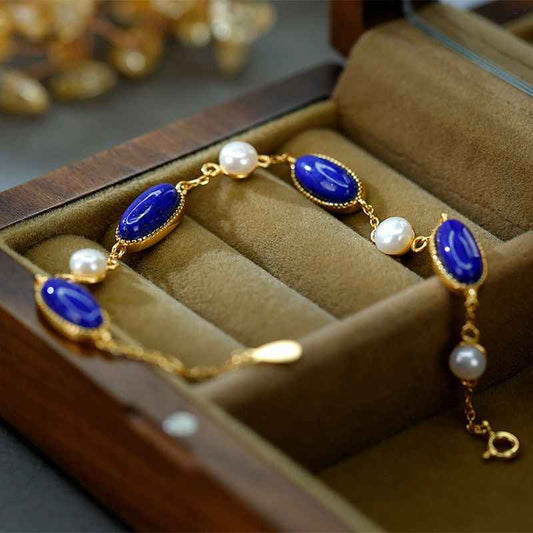 Lapis Lazuli and Freshwater Pearl Bracelet in 925 Sterling Silver