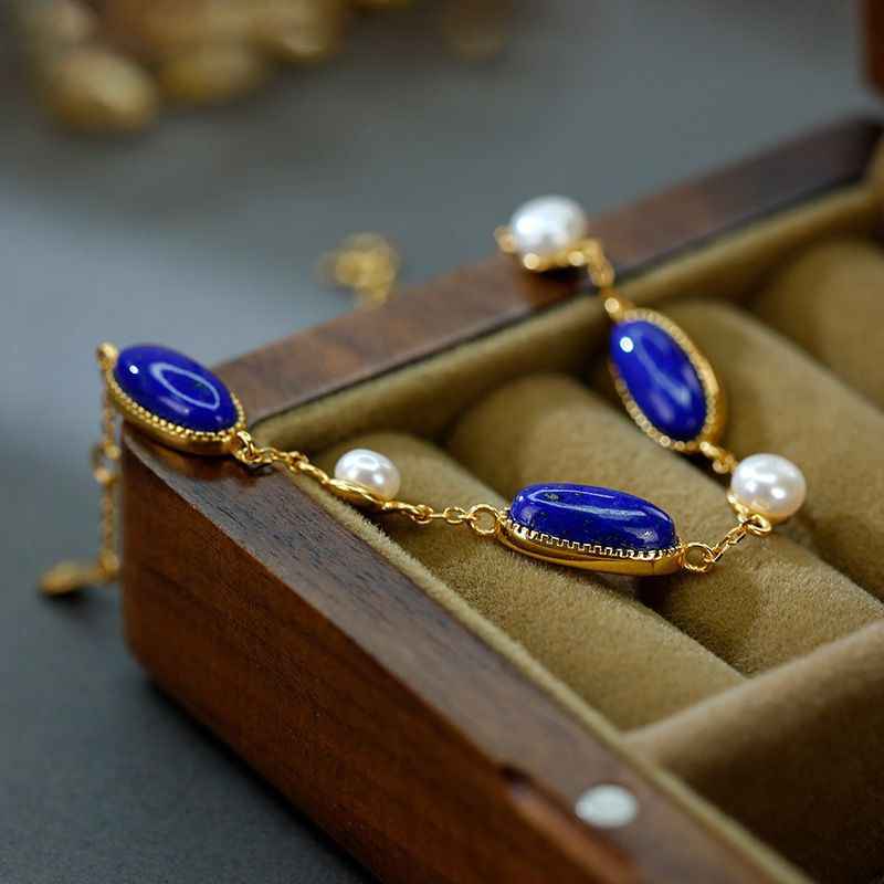 Lapis Lazuli and Freshwater Pearl Bracelet in 925 Sterling Silver