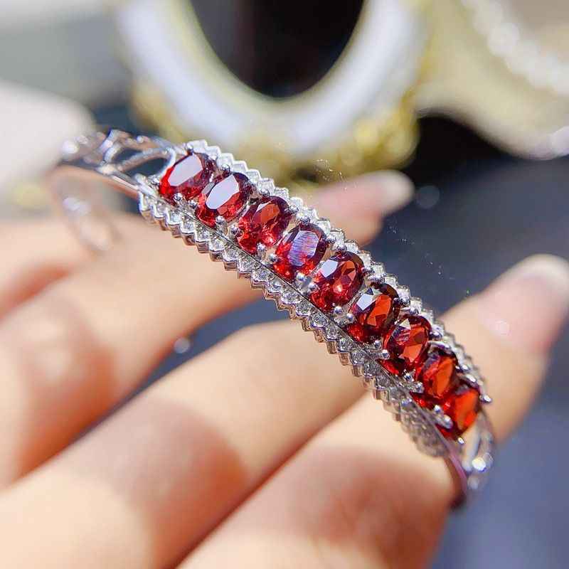 Garnet Bangle Bracelet in 925 Sterling Silver