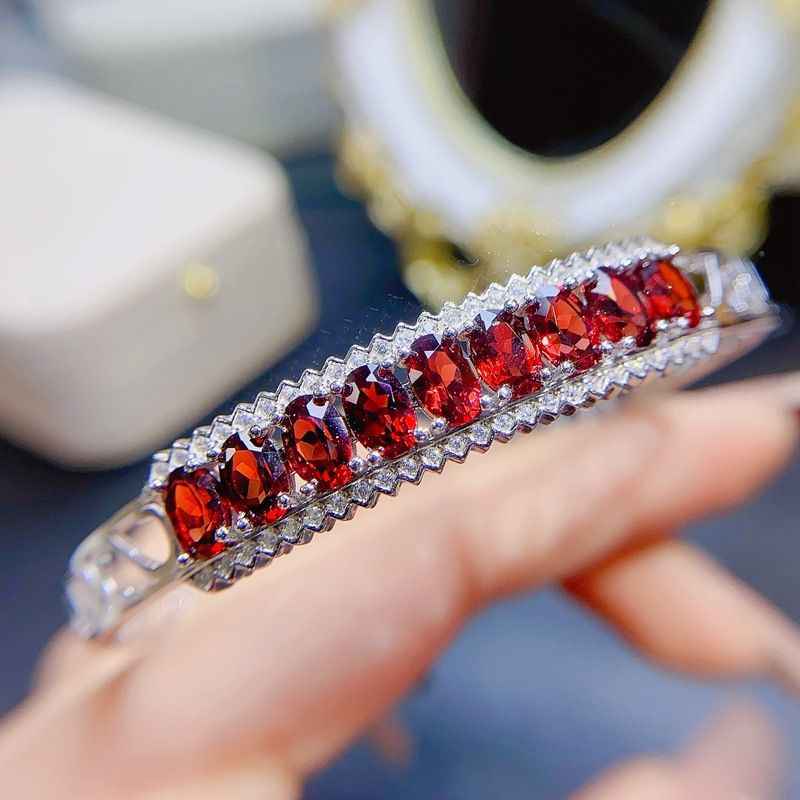 Garnet Bangle Bracelet in 925 Sterling Silver