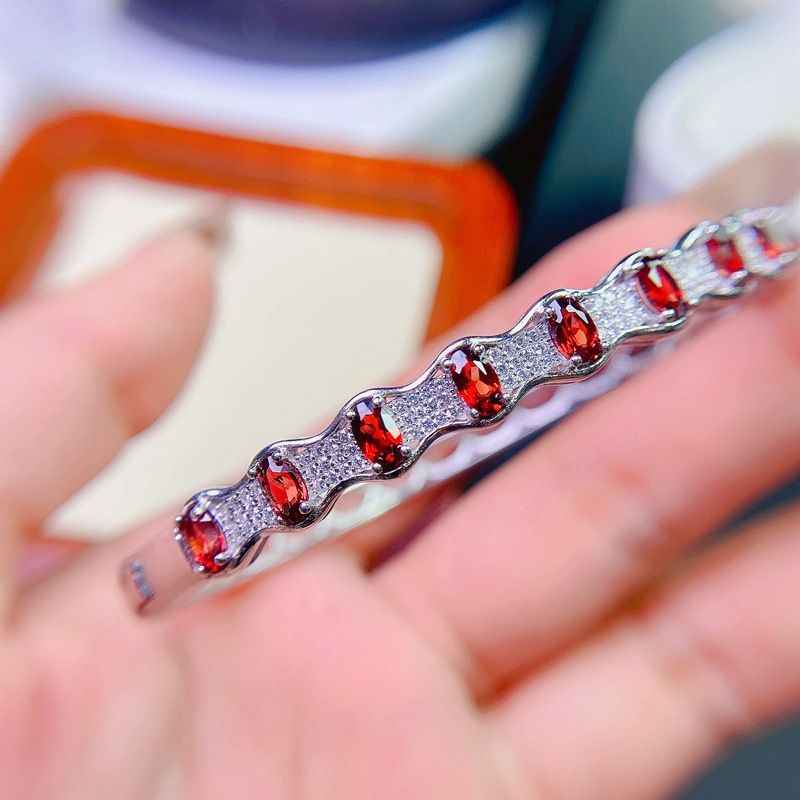 Garnet Bangle Bracelet in 925 Sterling Silver - Red Bracelet