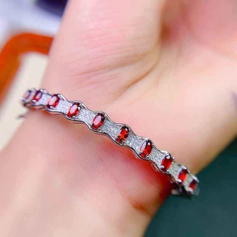 Garnet Bangle Bracelet in 925 Sterling Silver - Red Bracelet