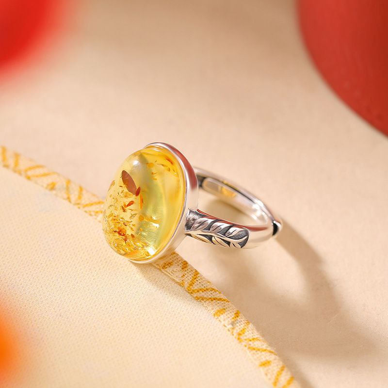 Amber Silver Ring - Natural Gemstone Ring