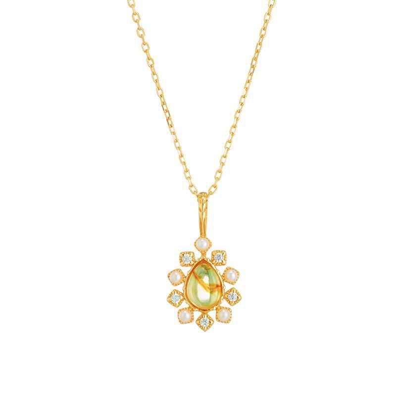 Amber Stone Necklace in 925 Sterling Silver - Flower Pendant Necklace